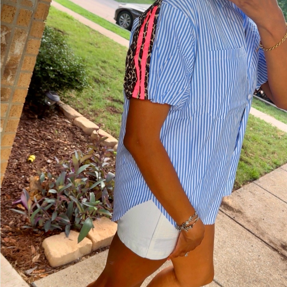 Striped Leopard Print Button Down Top - image 7